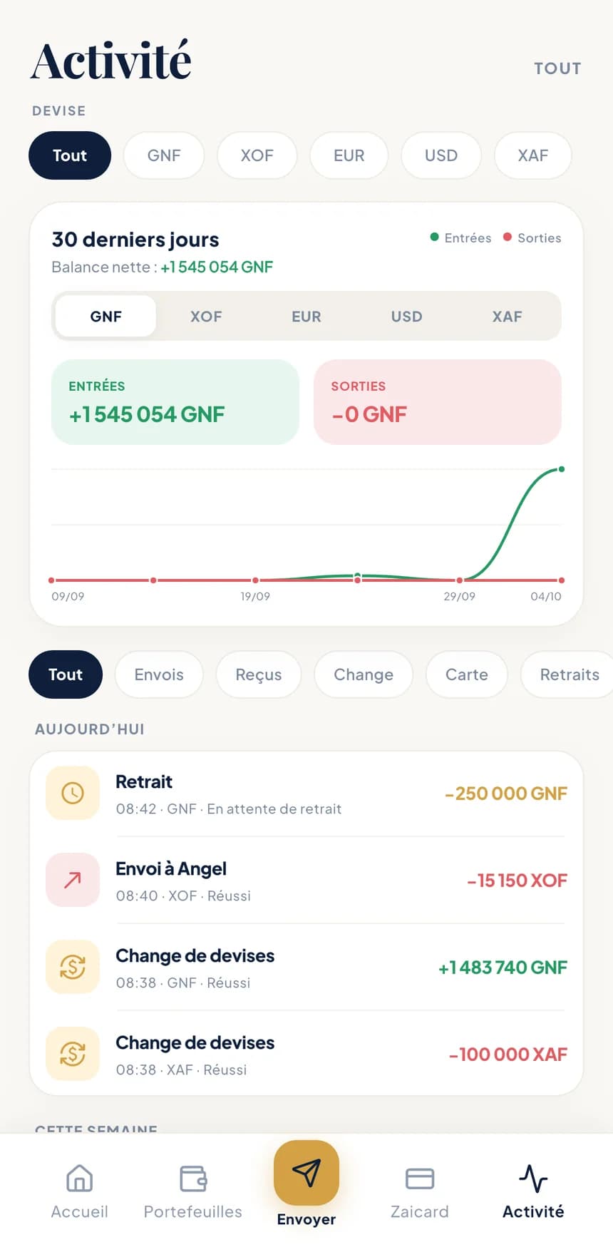 Écran de l'application BZA