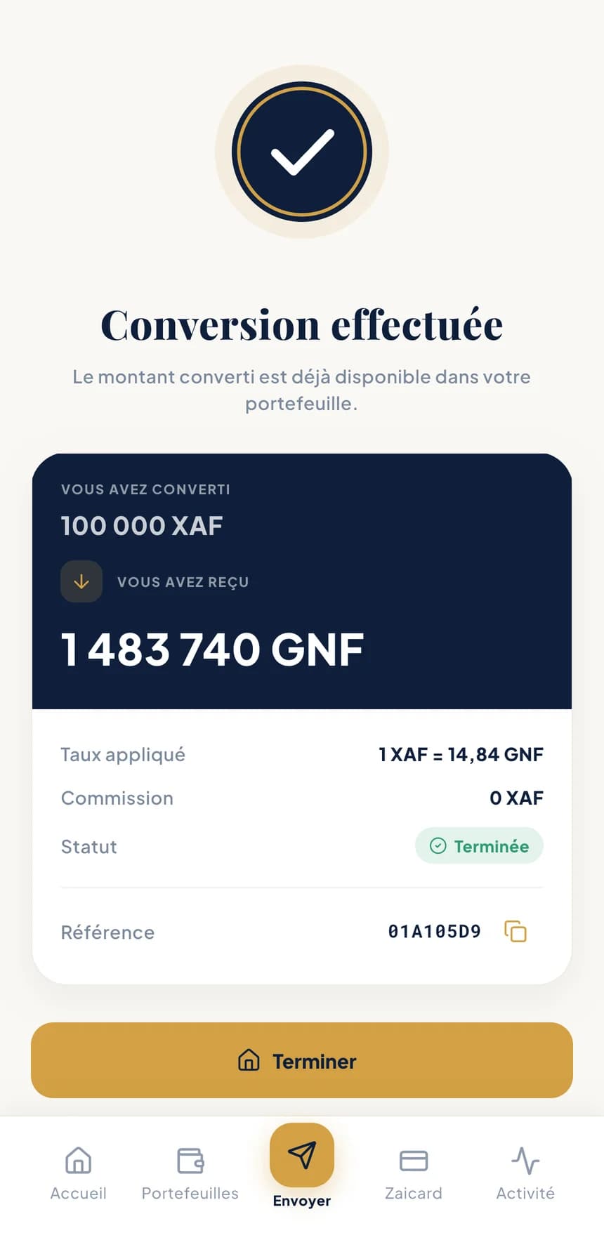Écran de l'application BZA