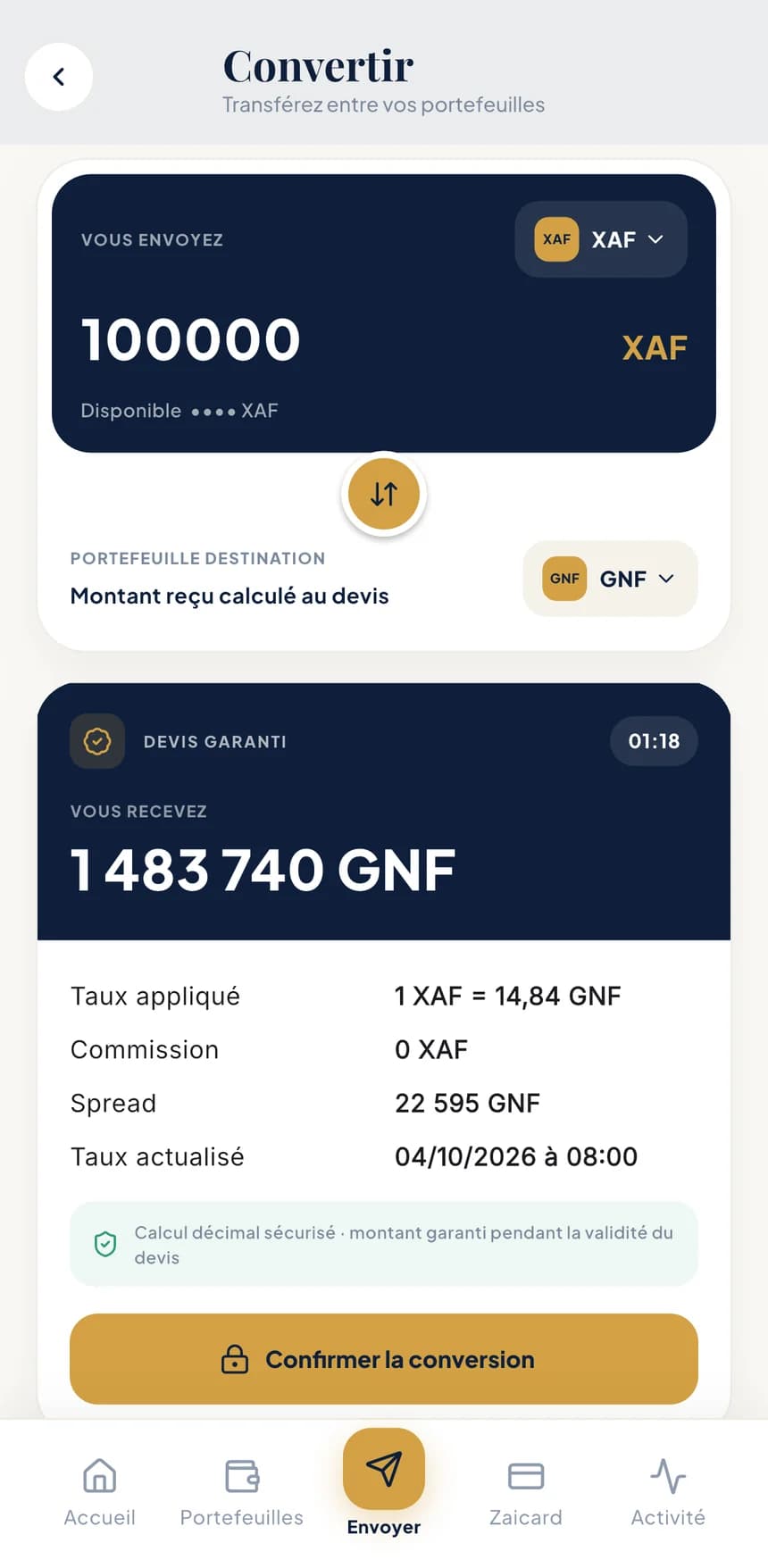Écran de l'application BZA