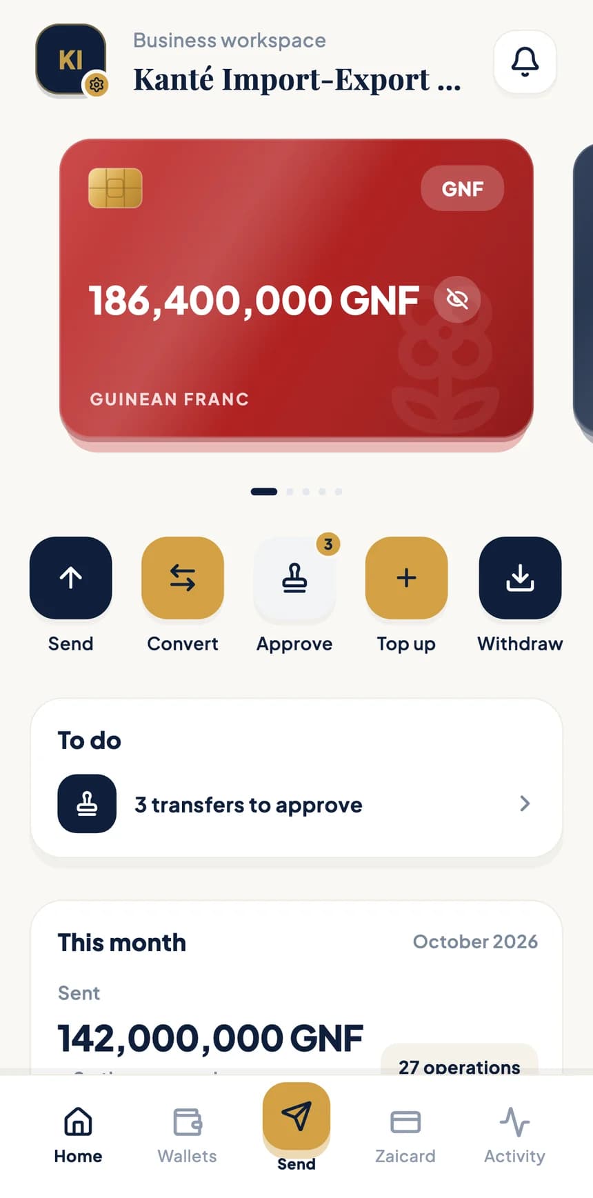 Business space home screen in the BZA app
