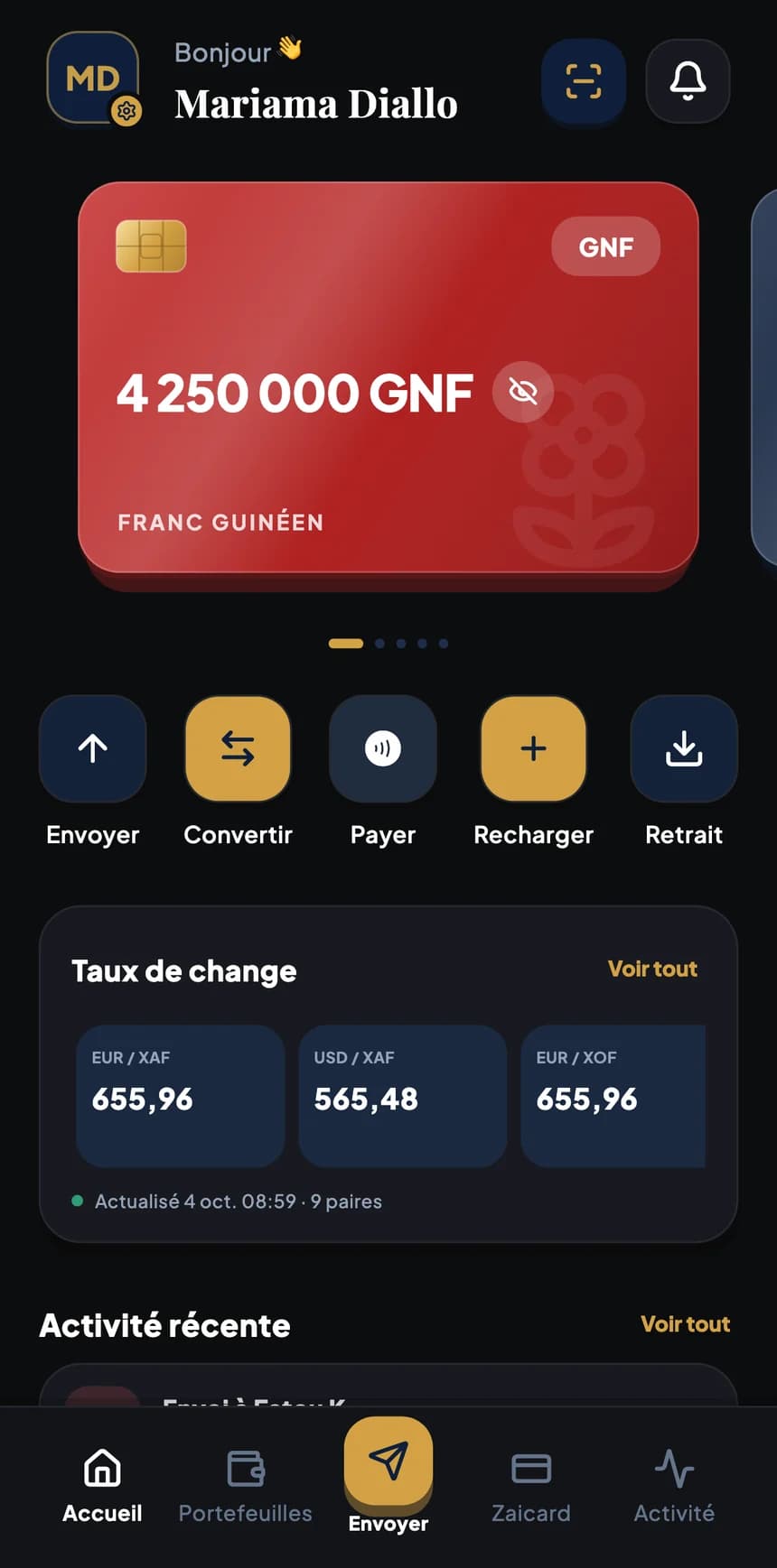 Écran de l'application BZA