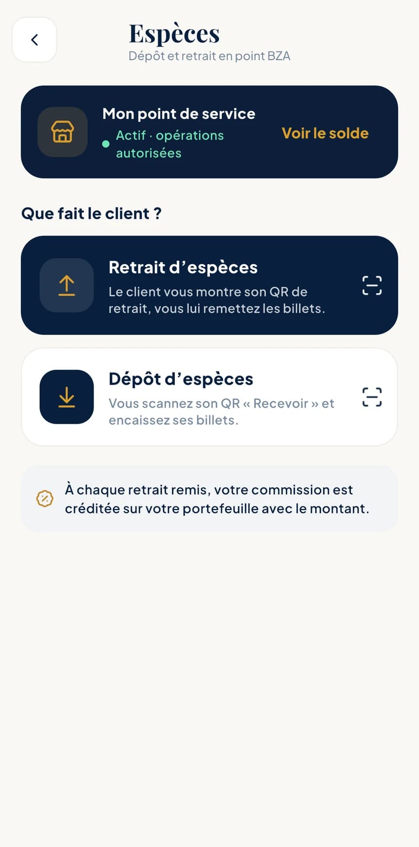 Écran de l'application BZA