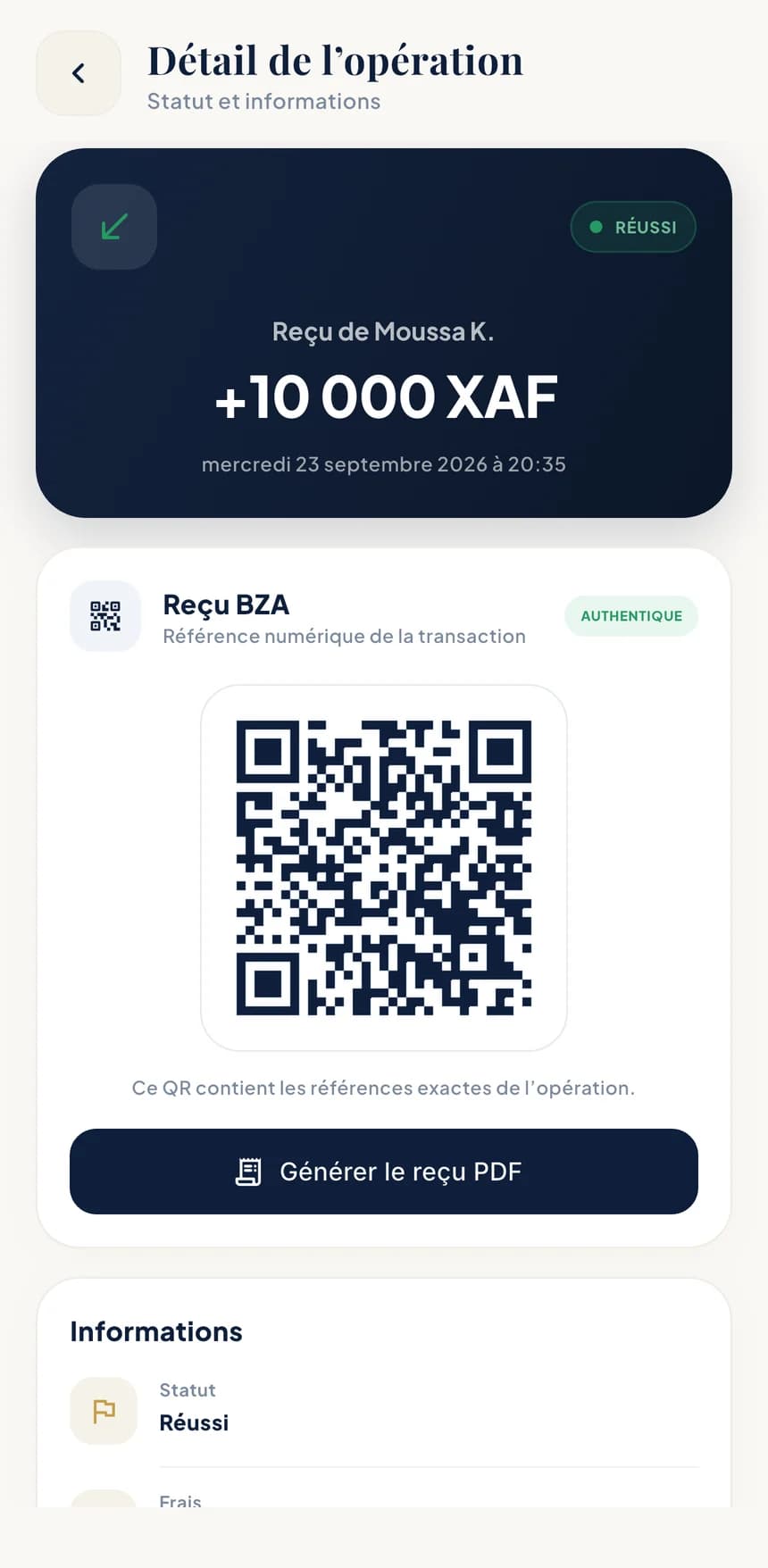 Écran de l'application BZA