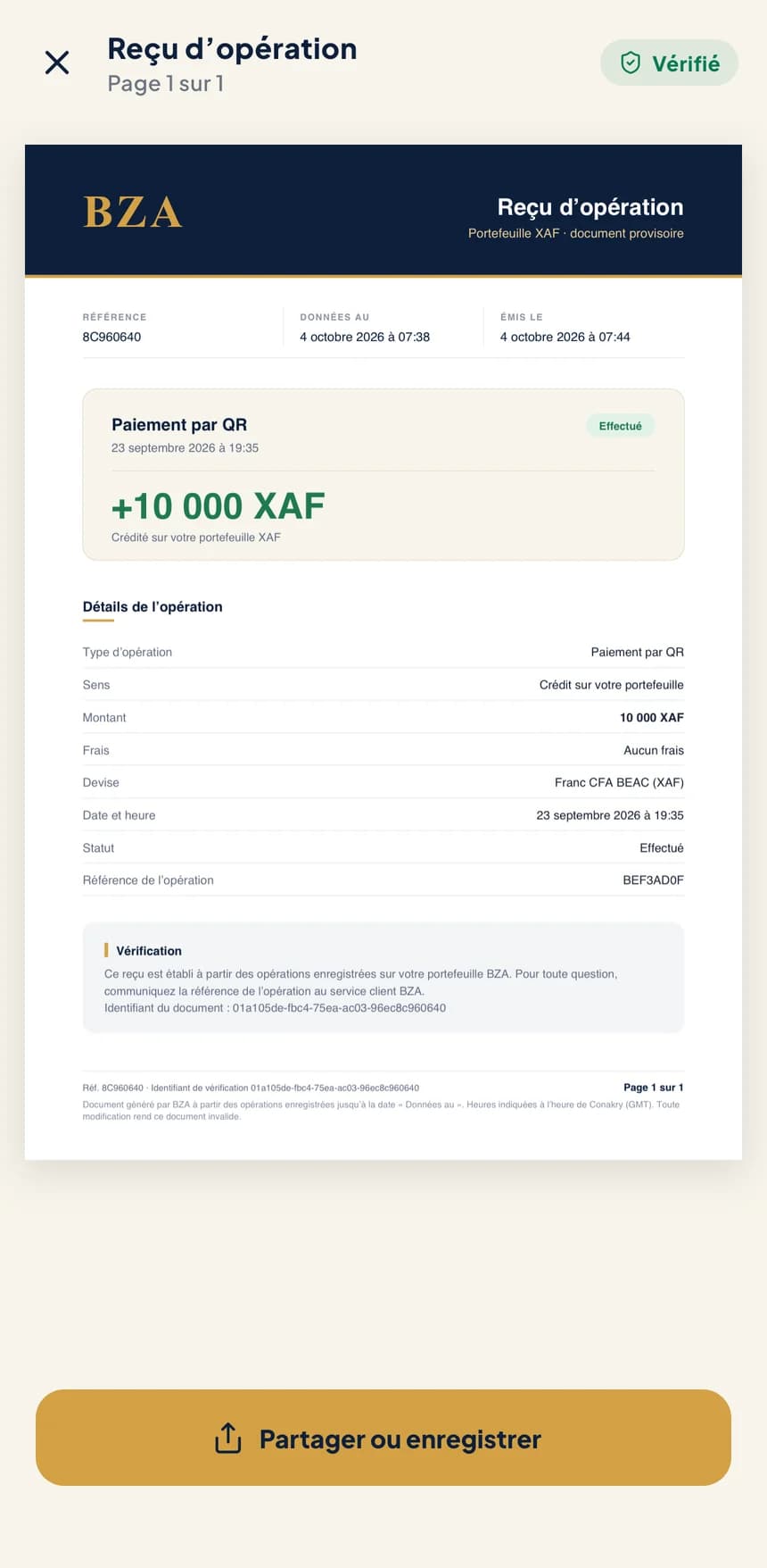Écran de l'application BZA