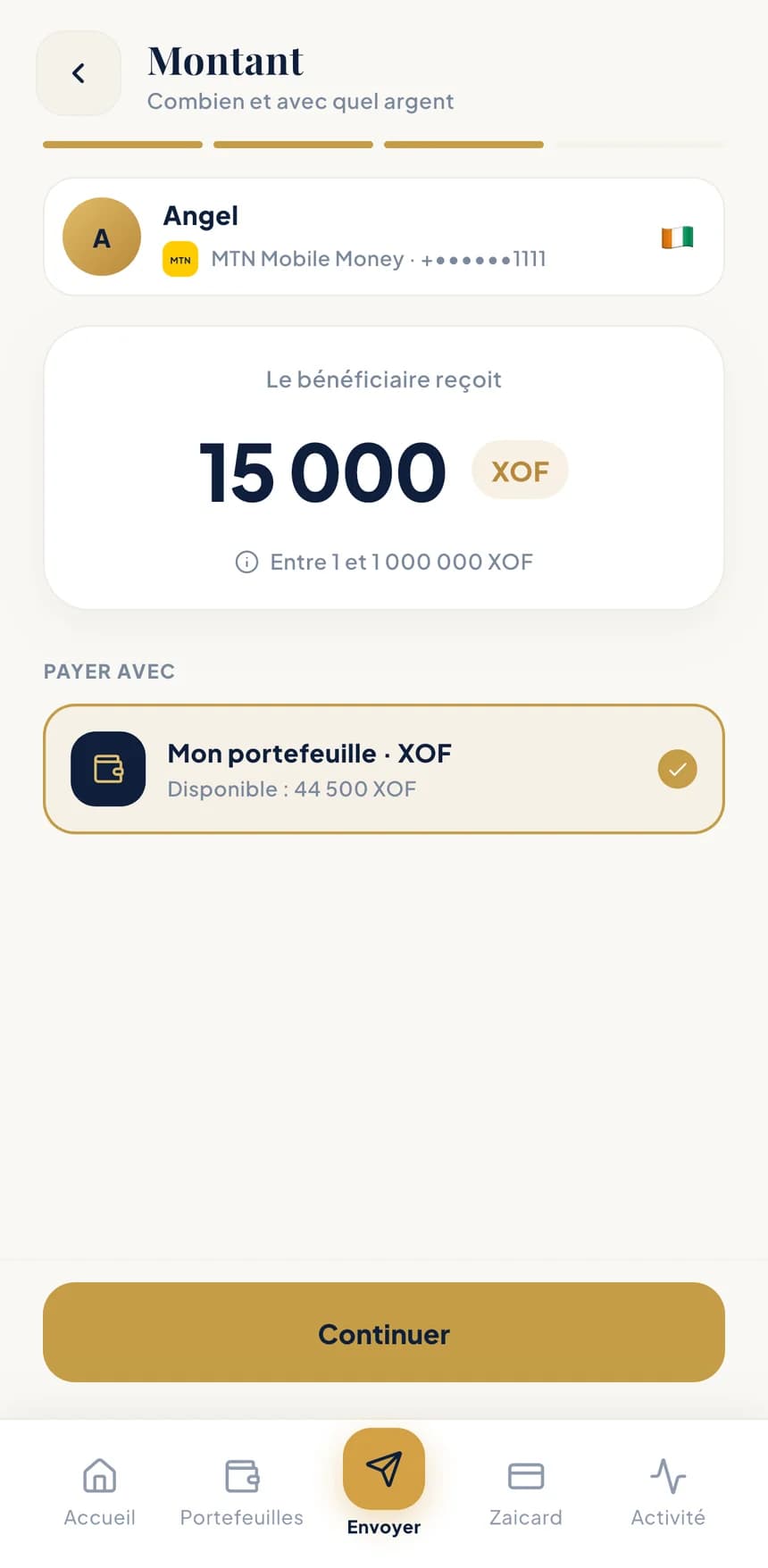 Écran de l'application BZA — Le montant