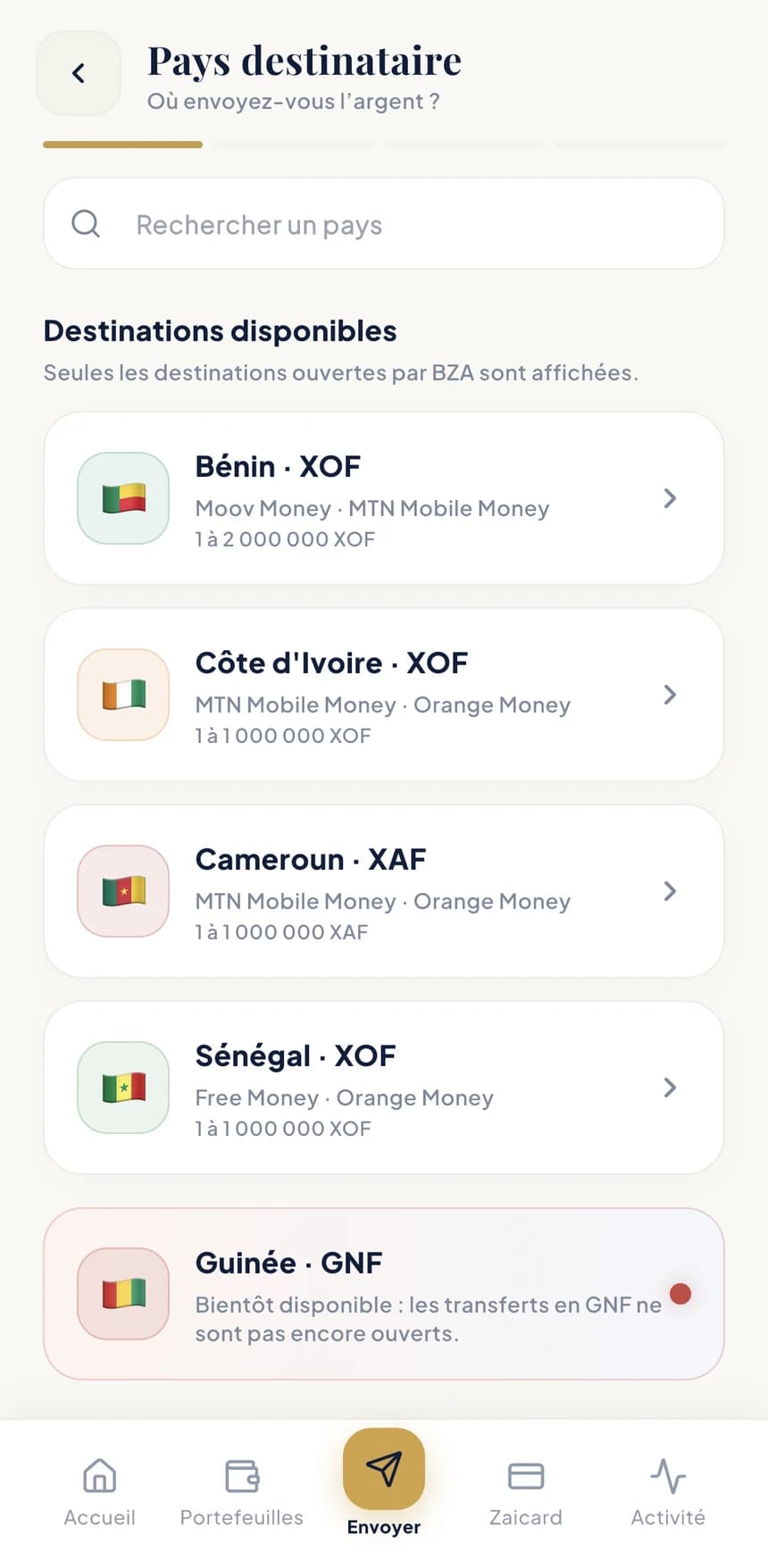 Écran de l'application BZA — Le pays