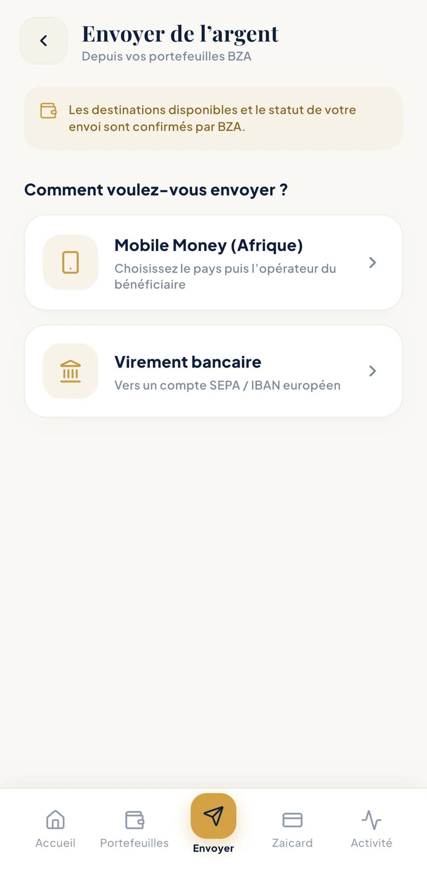 Écran de l'application BZA — Le mode