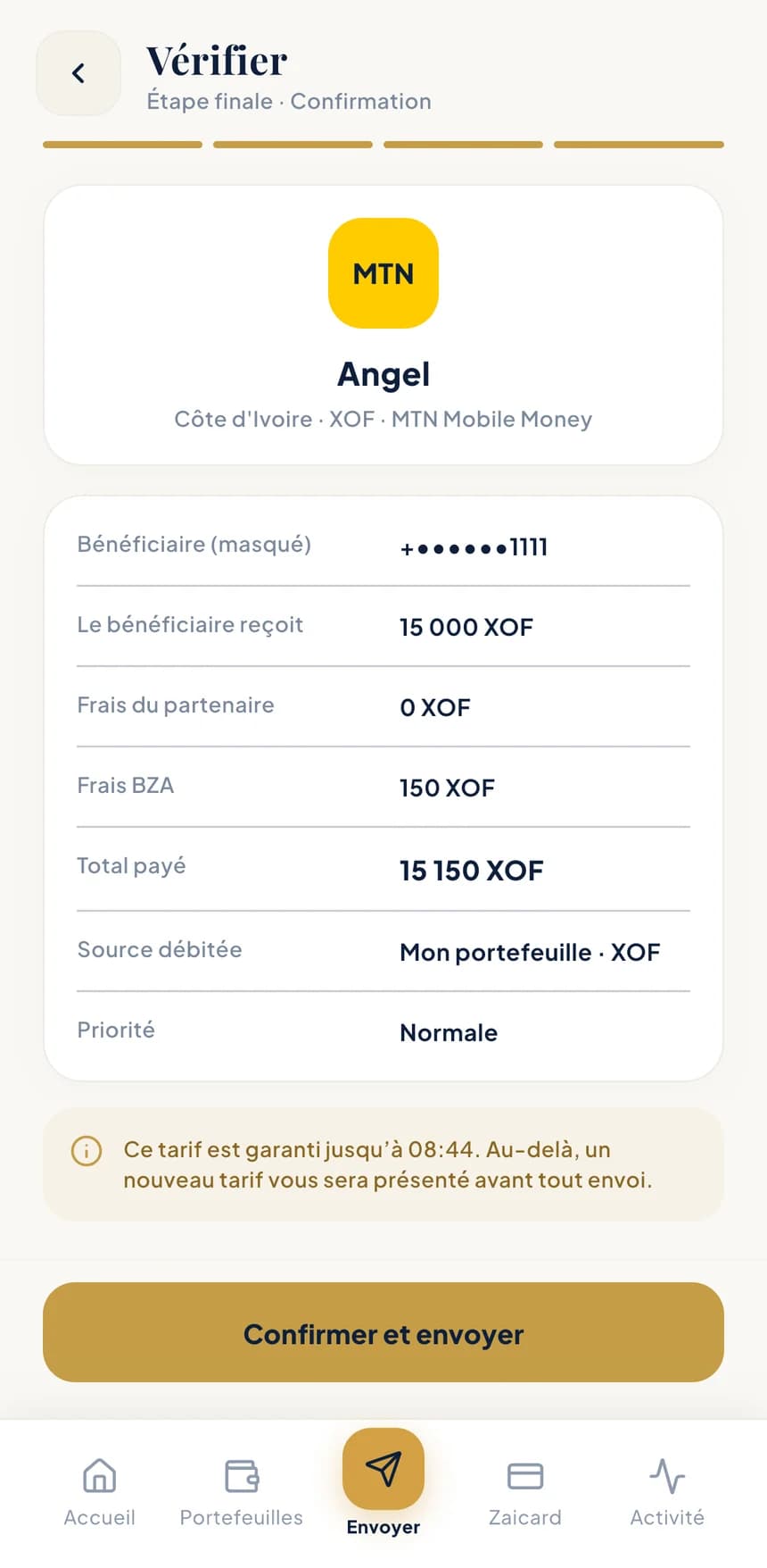 Écran de l'application BZA — La vérification