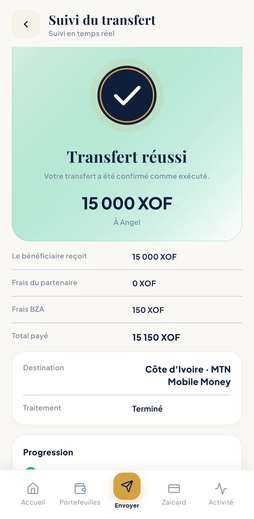 Écran de l'application BZA
