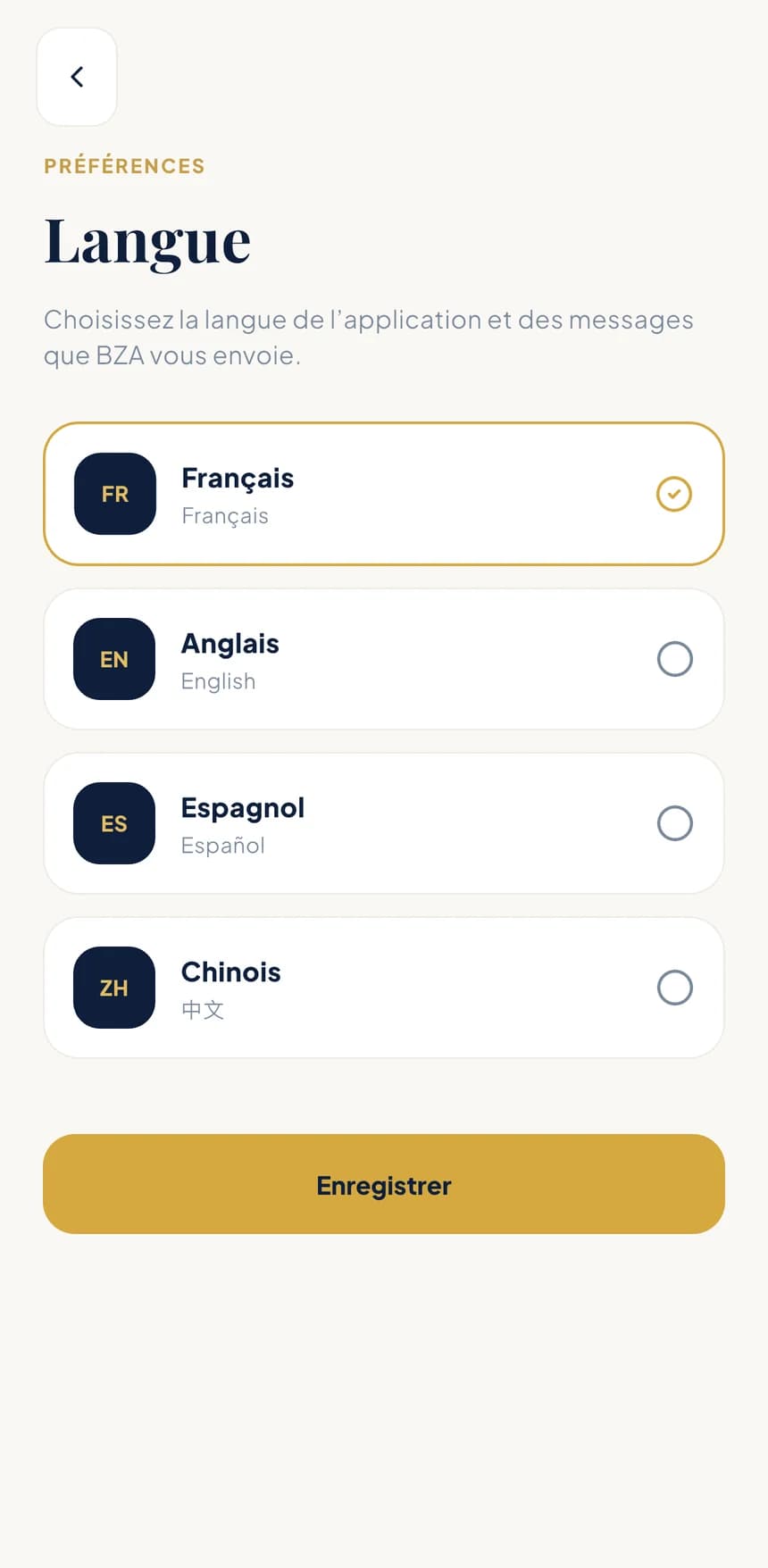 Écran « Langue » : français, anglais, espagnol et chinois