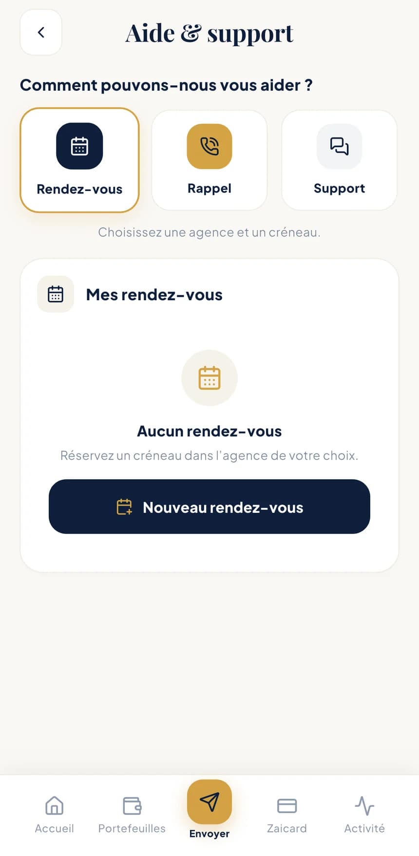 Écran Aide & support de l'application BZA : rendez-vous, rappel et support