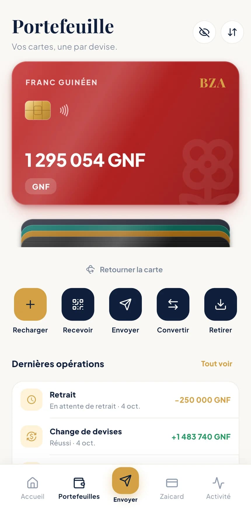 Carte en francs guinéens ouverte, avec les boutons Recharger, Recevoir, Envoyer, Convertir, Retirer et les dernières opérations