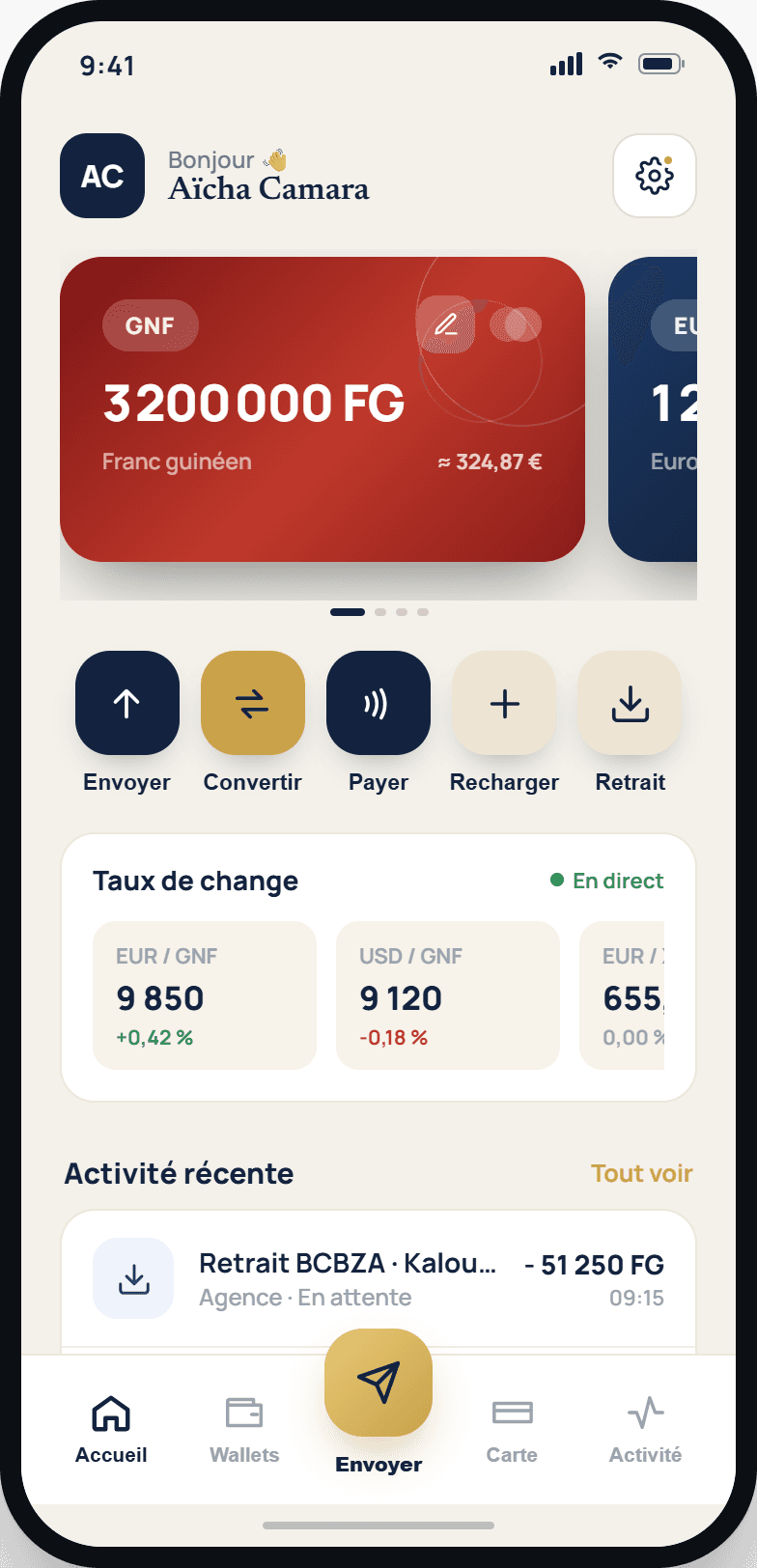 Application BZA — écran d'accueil